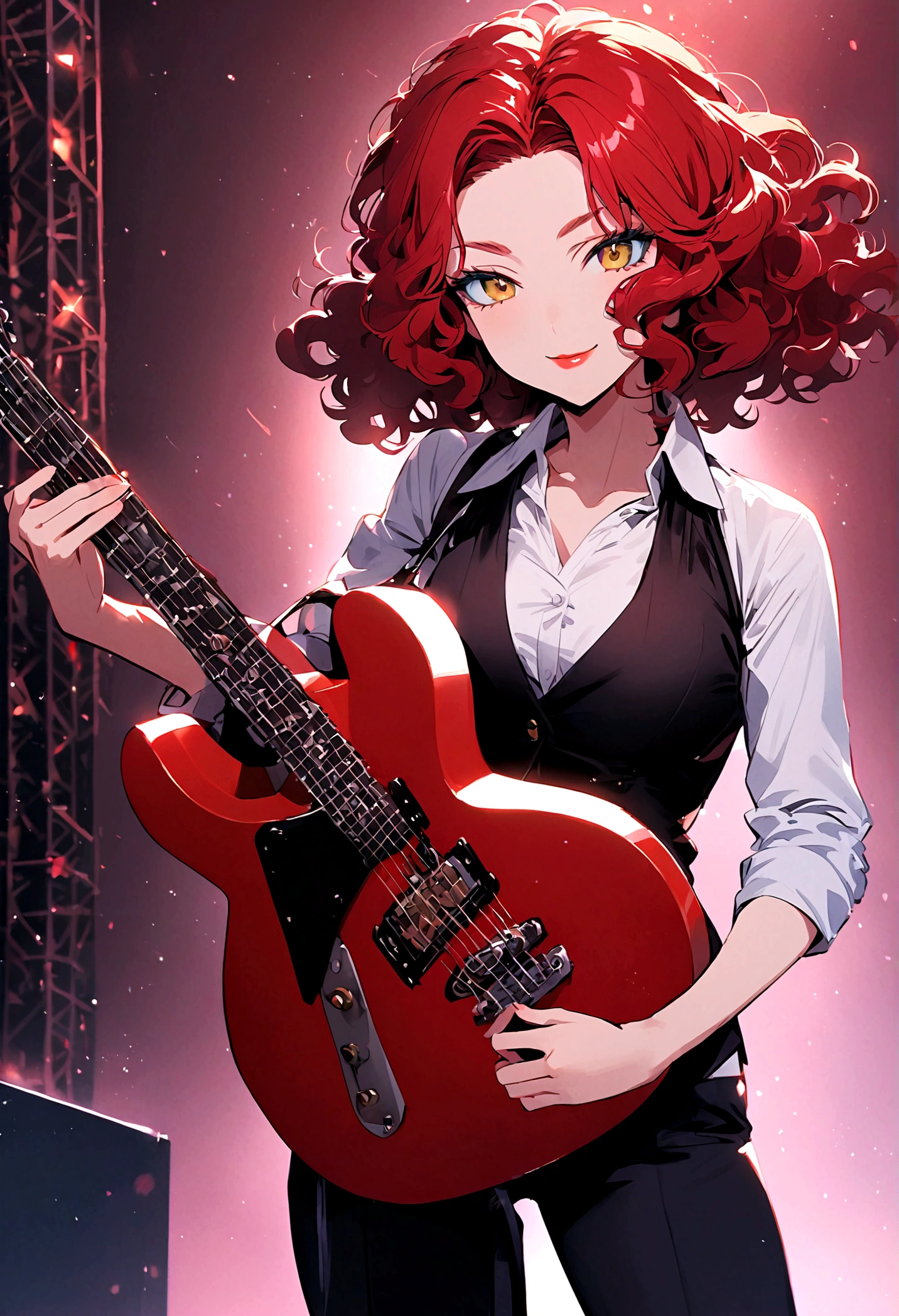 animate, real, 1 girl,30 years old,medium hair,((perm)),wavy hair,red hair,forehead,Voluminous curly hair,Light blue eyeshadow,red eyebrows,yellow eyes, tsurime,narrow eyes,red lips,Confident expression,light smile,calm,black vest,white shirt,collared shirt,Unbutton the top button of shirt,black pants, BREAK standing,singing,play the red guitar,stage