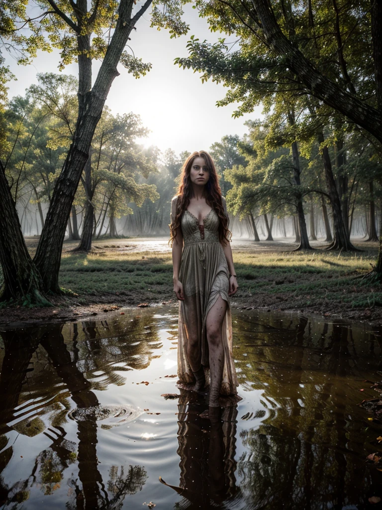 Jan Matejko's style. A portrait depicting a mature woman as Ophelia in sunlight with dirty, long red wavy hair. A pose full of resignation. Front view. Wearing a worn and torn long lace dress from the Middle Ages. She stands knee-deep in water. The long dress is wet and stained with mud. All around there is a dense and gloomy swampy forest shrouded in morning fog. Sunlight creates an interesting chiaroscuro. Lots of broken trees and branches. Forest lake in the background.