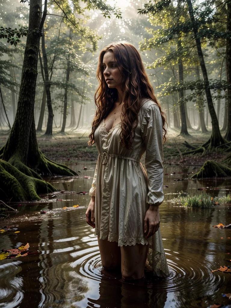 Jan Matejko's style. A portrait depicting a mature woman as Ophelia in sunlight with dirty, long red wavy hair. A pose full of resignation. Front view. Wearing a worn and torn long lace dress from the Middle Ages. She stands knee-deep in water. The long dress is wet and stained with mud. All around there is a dense and gloomy swampy forest shrouded in morning fog. Sunlight creates an interesting chiaroscuro. Lots of broken trees and branches. Forest lake in the background.