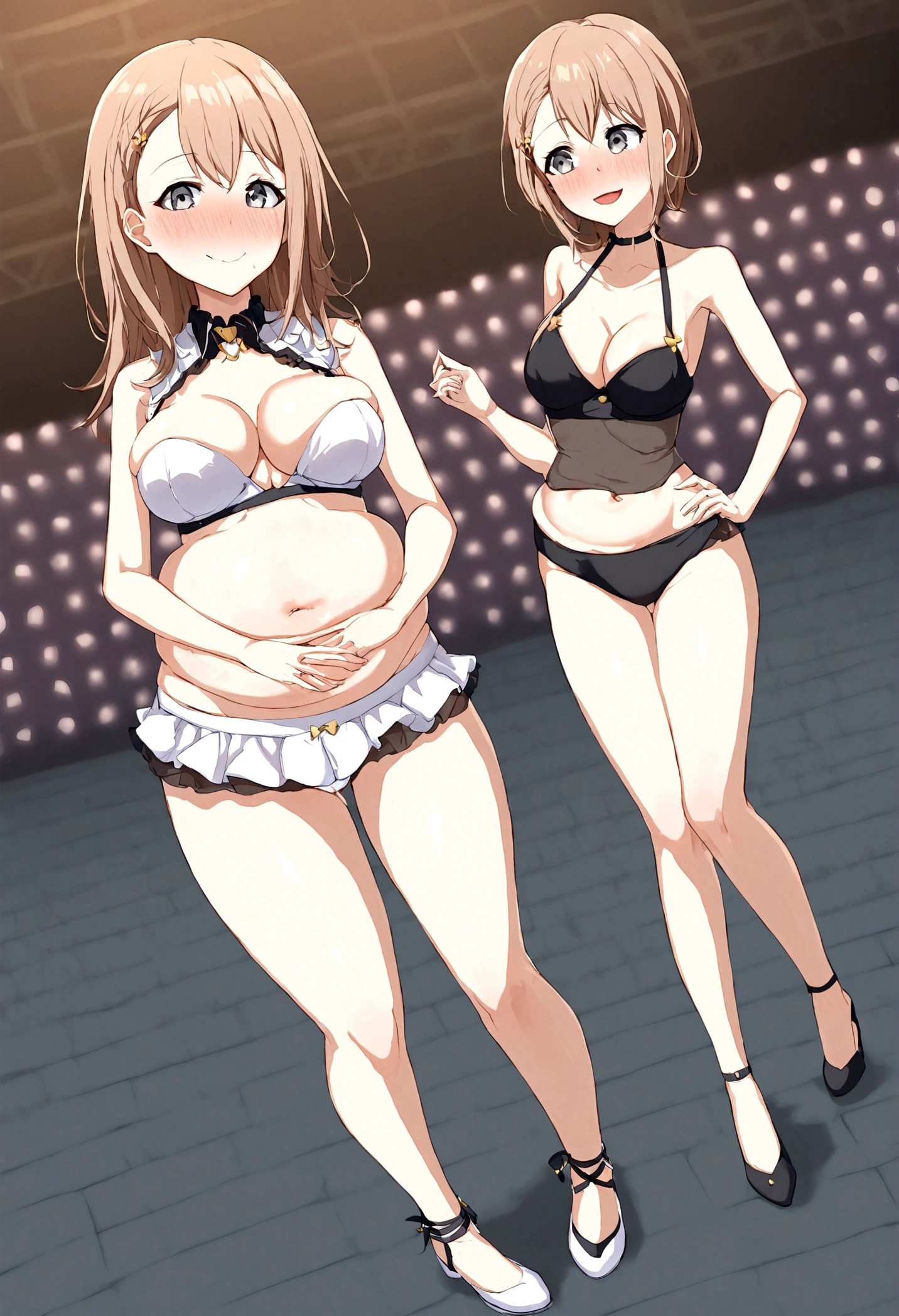 Idol、Light brown hair、Silver Eyes、smile、Full body view、Idolステージ、audience、Cleavage、Miniskirt、Thighs、Panty shot、Bite into again、Embarrassing、Blushing、belly button、Belly button、Slim body、Skinny