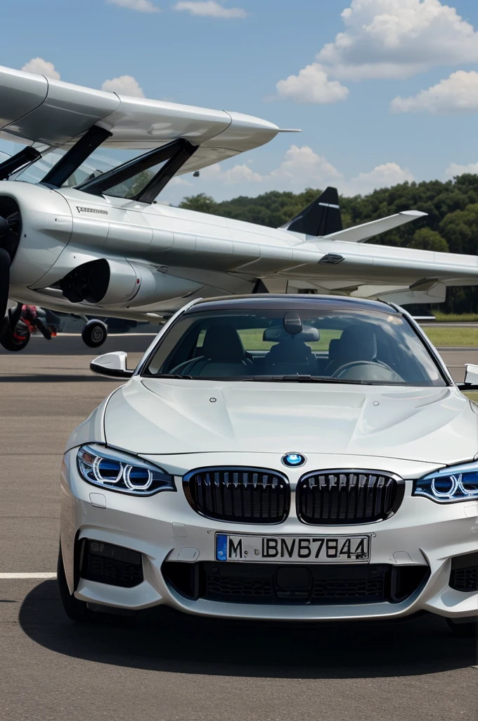A picture in which there is a bmw car and a aeroplane
