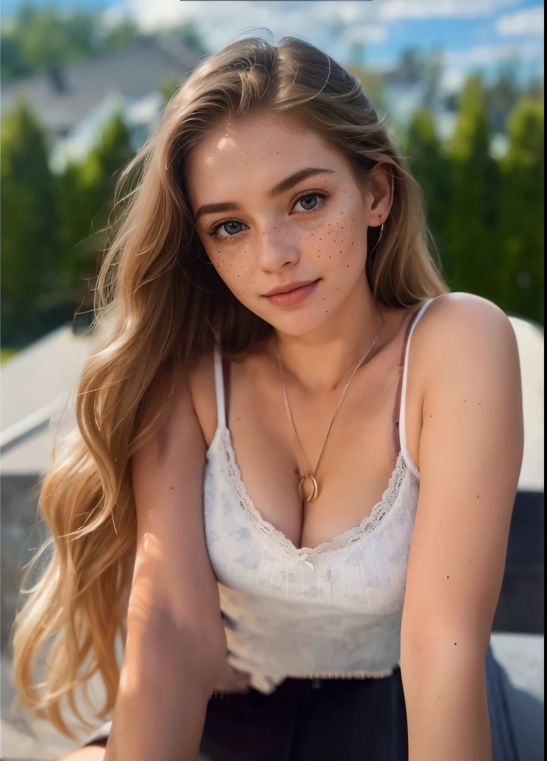 uma mulher, americana, 25 anos, pale skin and freckles, olhos cinzas, nariz delicado, soft and delicate lips, longo, cabelo blondie longo e ondulado na altura da cintura, sorriso meigo, face with delicate feminine facial features, altamente renderizado 