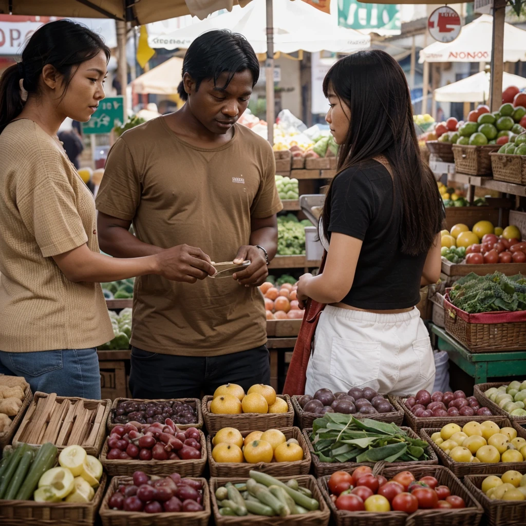 A scene in a local market featuring an Asian woman selecting vegetables while conversing with an African vendor. In the background, a European man and a Latin woman are discussing local products. Use a balanced composition and focus on the interaction between individuals. Include relevant background elements to provide context. Utilize as much natural lighting as possible. Apply a shallow depth of field to keep the main subjects in focus while ensuring the background remains clear enough to provide context."
