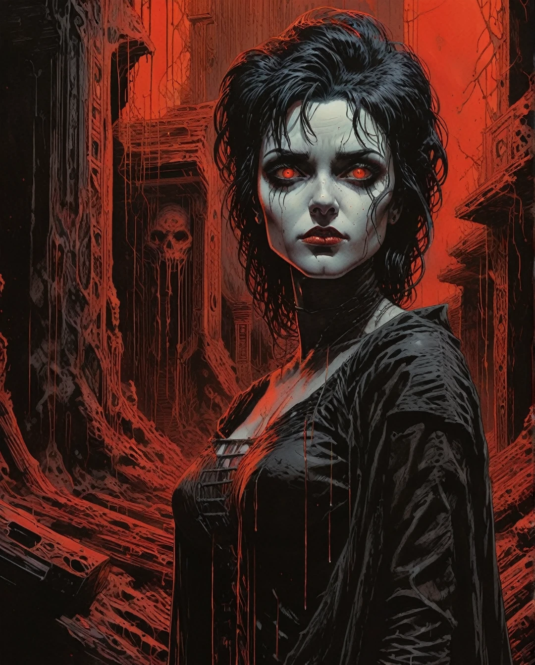 graphic novel art style, a 30-year old hybrid of lydia deetz and siouxsie sioux as a smirking 1980s goth heroine, background composed of details, image interactive, very detailed. Art by Clayton Crain, Stjepan Sejic, Shinichi Sakamoto, Tōru Naomura.., maximalist art, by Moebius and Hariton Pushwagner, (ambient occlusion, masterful, beautiful), poster art, bold lines, hyper detailed, expressive, award winning, (landscape:1.4), (intricate details, masterpiece, best quality:1.4), looking at viewer, dynamic pose, wide angle view, in the style of nicola samori , futuristic style, sleek, ultra modern, high tech, ornate by Moebius and by Marc Simonetti, clean lines, geometric shapes, Minimalist color scheme of red and cyan
mkitdecy, rust, cracks brutalism, style by Tom Jung and Drew Struzan and Tim and Greg Hildebrandt, ((style by artgerm and Greg Manchess and Ilya Kuvshinov))