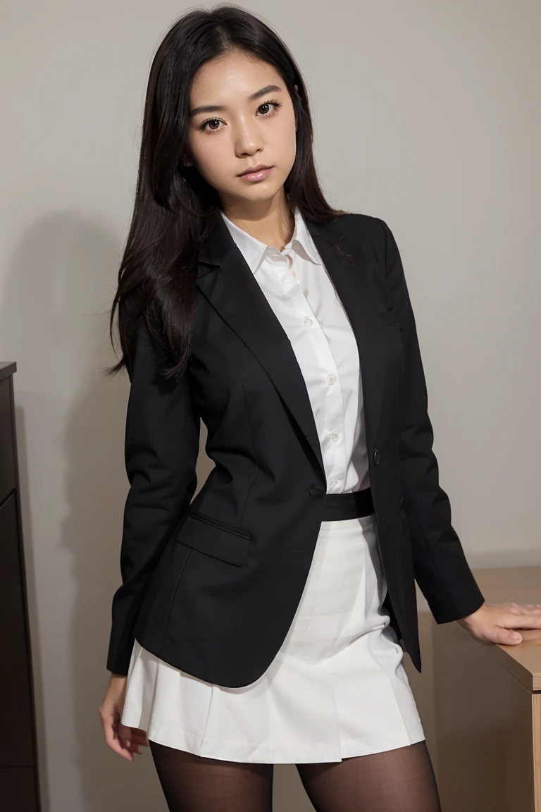 1girl, Solo, One Japanese woman of about 25 years old, black long elegant hair style, black eyes, business suit, white shirt, skirt, heels, black pantyhose ,office photography, whole body, body measurement 36-25-35, 8k, , Masterpiece, Full Body Shooting, Top Quality, Fine Pore, Realistic, Photorealistic, Ultra Detailed