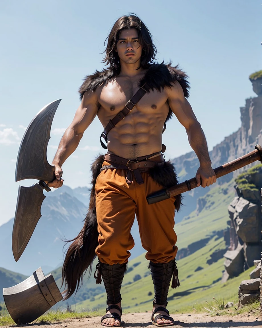 Youth with short black hair and brown eyes, fair skin and clean-shaven, dressed in short orange medieval barbarian fur tunic and trousers, weilding giant axe, sandals; fullbody; short hair, masculine, athletic