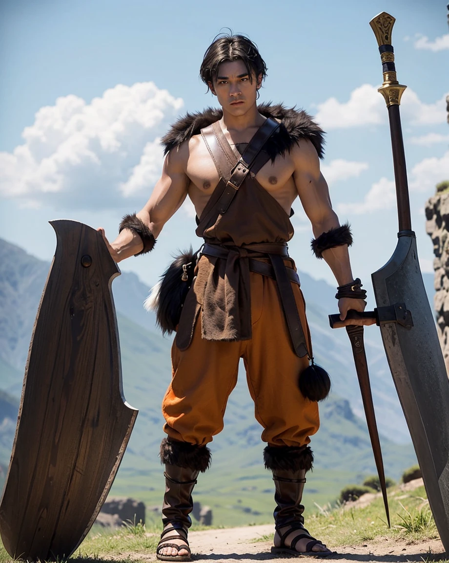 Youth with short black hair and brown eyes, fair skin and clean-shaven, dressed in short orange medieval barbarian fur tunic and trousers, weilding giant axe, sandals; fullbody; short hair, masculine, athletic