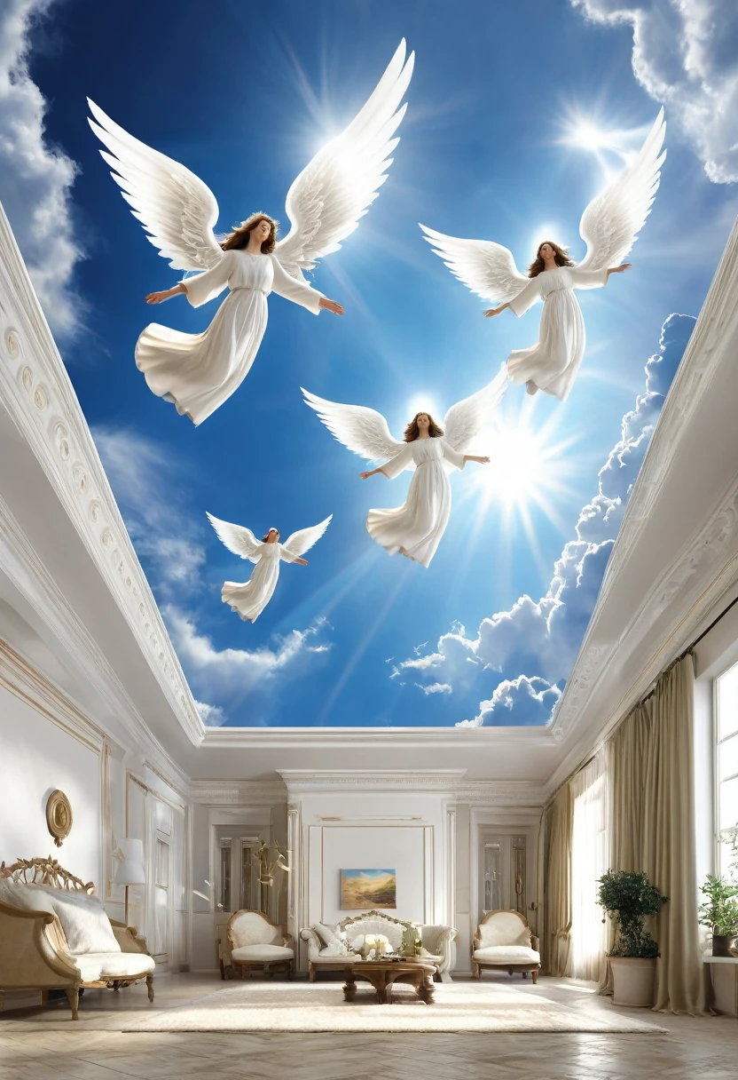 angels flying across the sky, divina, 3D, realista, ambiente divino, sagrado