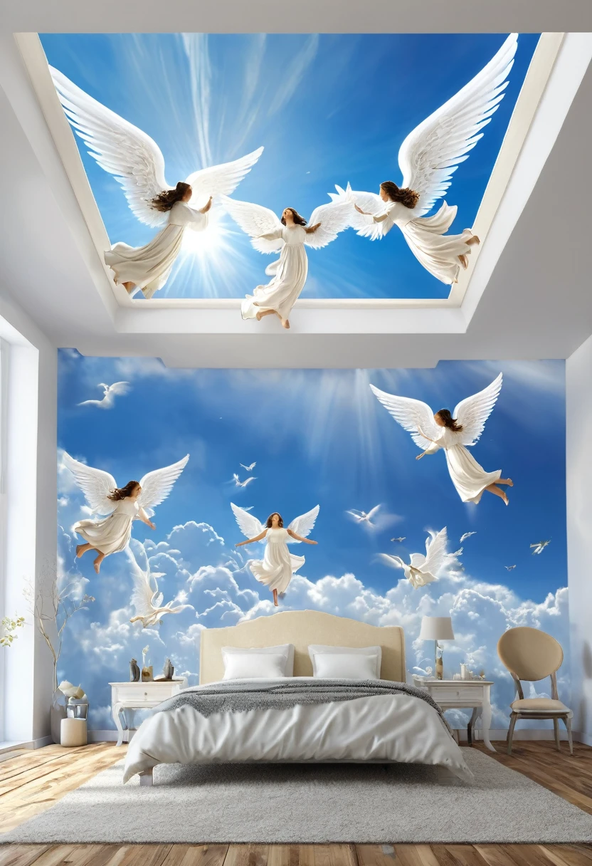 angels flying across the sky, divina, 3D, realista, ambiente divino, sagrado