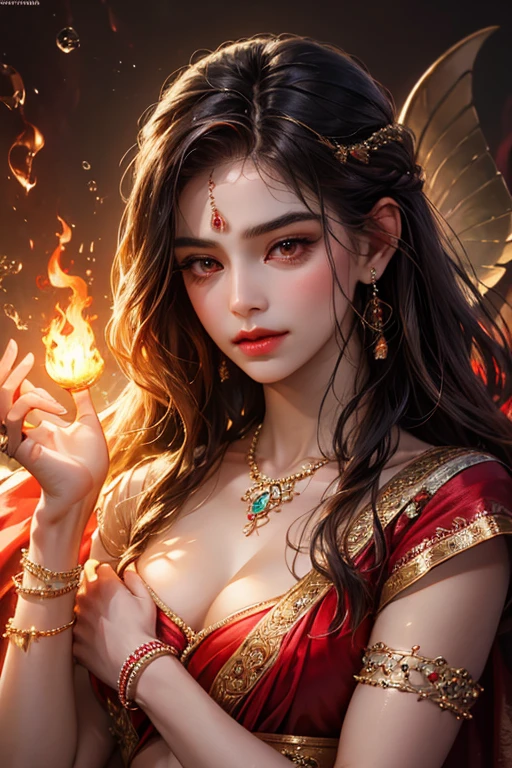 (absurderes, A high resolution, Ultra detailed, hdr), Masterpiece, Best quality, Portrait of a Indian fairy Goddess, extreme realistic very beautiful, animated style, closeup shot, anime in a(((red))) indian dress (((saree))), long black wavy hair untied, head jewellery, necklace, earings, armlets, bangles and bracelets, rings, pleasant expression, bright big red eyes, holding a fire, having the power of element fire, natural beauty, vibrant colors, dreamy, northern light, pink bubble, romantic, soft lighting, vintage aesthetic