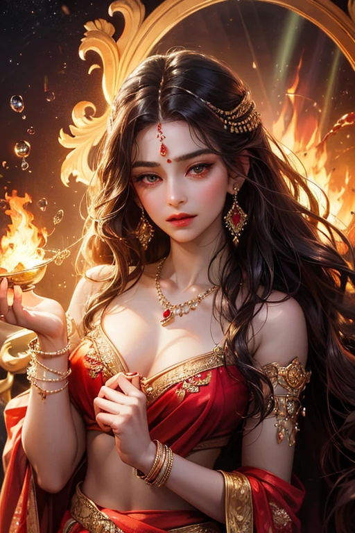 (absurderes, A high resolution, Ultra detailed, hdr), Masterpiece, Best quality, Portrait of a Indian fairy Goddess, extreme realistic very beautiful, animated style, closeup shot, anime in a(((red))) indian dress (((saree))), long black wavy hair untied, head jewellery, necklace, earings, armlets, bangles and bracelets, rings, pleasant expression, bright big red eyes, holding a fire, having the power of element fire, natural beauty, vibrant colors, dreamy, northern light, pink bubble, romantic, soft lighting, vintage aesthetic