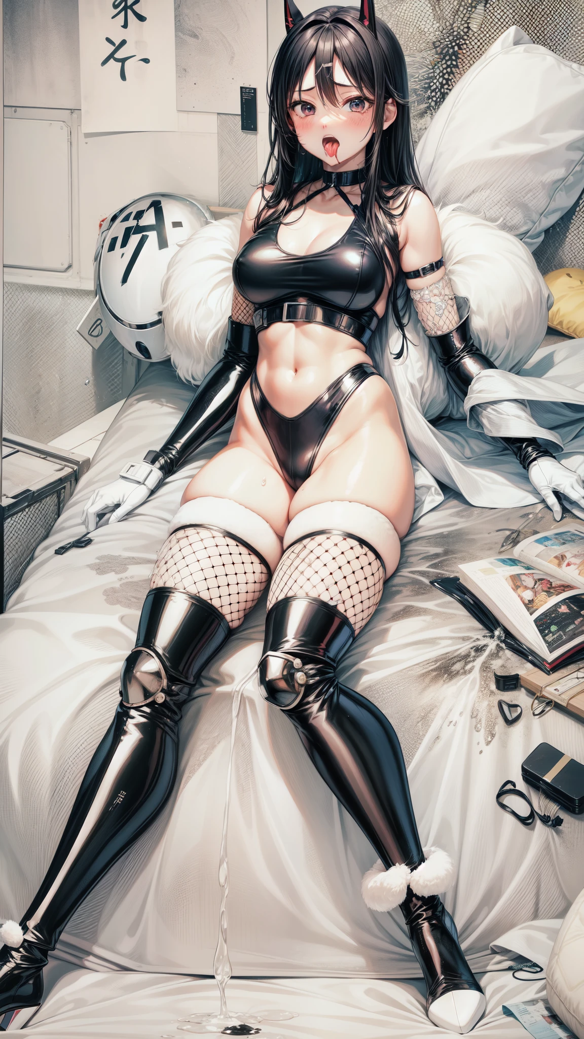 Female Combatant、Japanese girl、Close-up of a girl in a black leotard、Black glossy leotard、Black fishnet stockings、Black shiny boots、Saiyan Girl, wonderful, Nano Girl, Female body type, Inspired by Hiromu Arakawa, Anime Manga Robot!! Anime Girls, Fubuki, Full Body Suit, by Hiromu Arakawa、wonderful, silk, Beautiful and attractive anime , Anime Girls of the future, tears,Drooling,Pee,Sweat,Tongue out,incontinence,Peeing、Estrus、Eyes wide open,Estrus,Blushing,Nipples are erect,Face is hot、Lust、incontinence、Armpit Hair、pubic hair、Nipples are erect、My crotch is wet、Knife in the chest、Blood in chest、Doomsday Demon、Pleading for your life