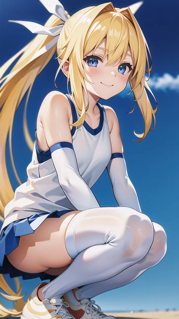 masterpiece, best quality, highres, BREAK , phyami, yamisch, medium long hair, blonde hair, pony tail, white ribbon, blue eyes, brm, plain white gym shirt, blue buruma, very long elbow gloves, white thighhighs, white sneakers, innocent smile, BREAK, very wide shot, hands on knees, knees