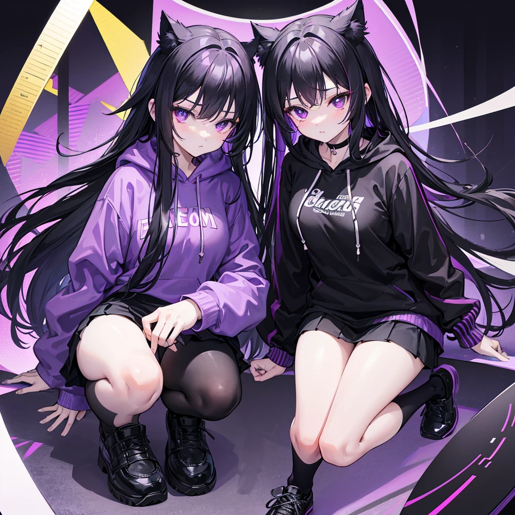 In a purple hoodie、Wearing a black short skirt、Wearing black socks、wearing black shoes。hair is black、Purple eyes。Breasts are K cup。The skin is white and、Long hair。Has one brother and one sister。My sister has an E cup。All in purple hoodies。All hair is black。My brother is wearing black pants.。