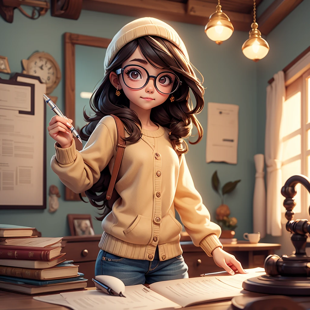 Cute young girl, wearing glasses, shoulder length hair, holding a pen
