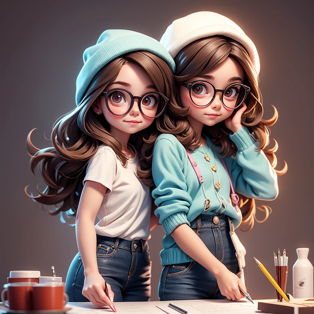 Cute young girl, wearing glasses, shoulder length hair, holding a pen
