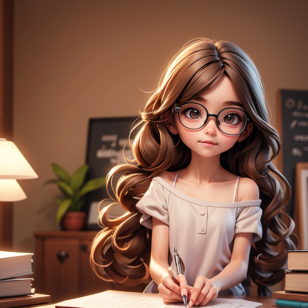 Cute young girl, wearing glasses, shoulder length hair, holding a pen