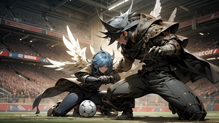 mechanic style, super fine illustration, highly detailed, dynamic angle, beautiful detailed, 8k, At night, in an illuminated fired soccer stadium, the pitch covered in 金属, BREAK a soccer match is taking place. BREAK A robot player, contending with an opponent, attempts a heading with a desperate expression. BREAK The soccer ball is in the air.{masterpiece},{best quality},{best detailed},{coolest},human_no,{Angels and demons are fighting},MECA,best scene,perfect hands,perfect face,Wings are growing