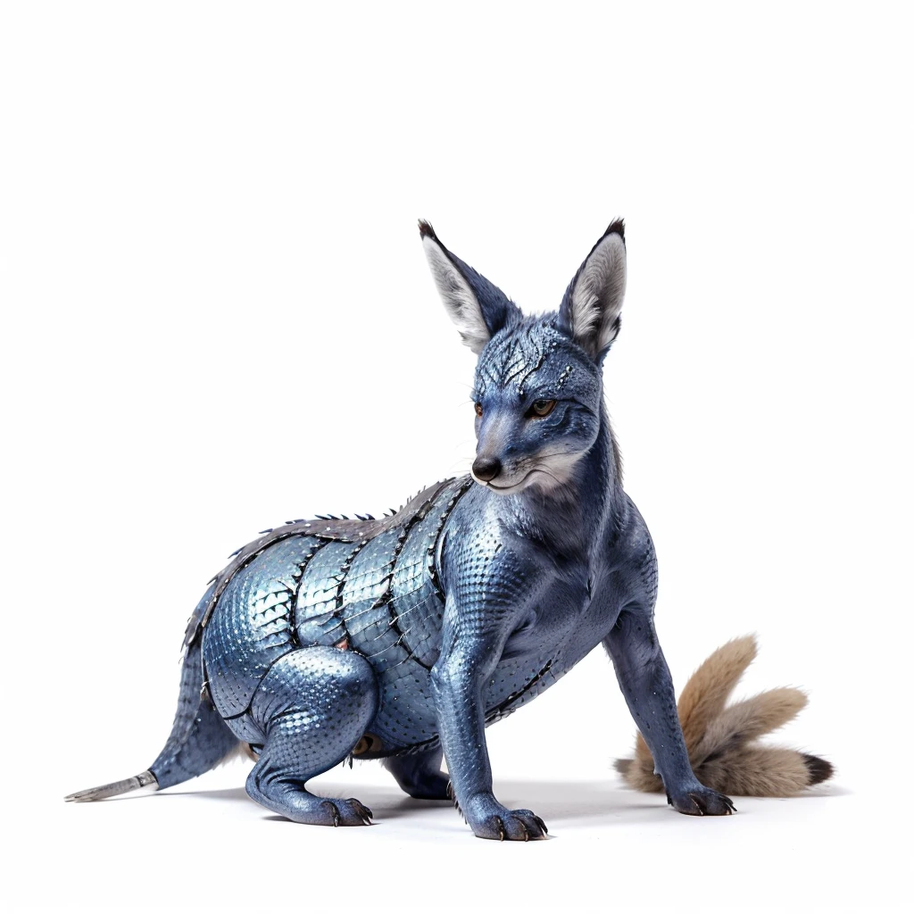Small Animaly, silver and blues silver colour skins, has scales, his body is shaped like a Fox but his face is like a Moose, silver colour skins, Grassroots background, (white background simpleks)