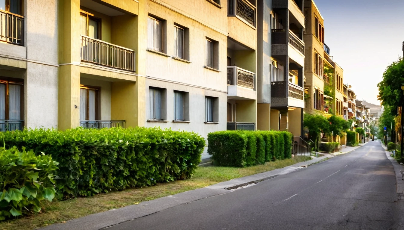 quiet street, several apartments, no people on the street, late afternoon