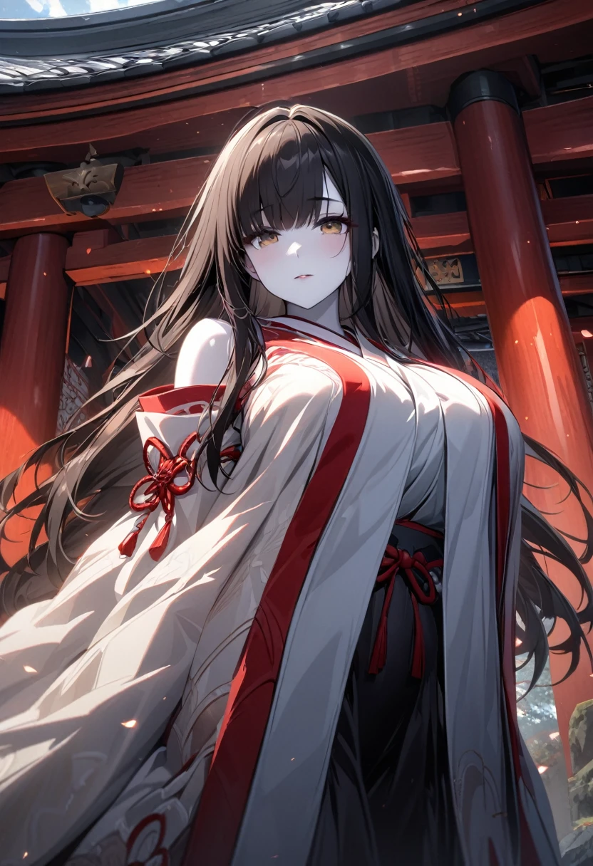best quality, masterpiece, Extremely detailed CG, Extremely detailed 8k wallpaper, permanent, HDR ,1 Girl, Solitary, outdoor, Japanese Shrines, Shrine maiden, Solitary, long hair, Black Hair, Straight Hair, The bangs covering the eyes are slightly red, Intricate details, Ultra Detailed, beautiful fingers, Beautiful nose, Beautiful character design, Perfect face, For the audience, Huge breasts, Slim waist, Put your arms at your sides, White skin, Hair covering eyes, golden brown eyes,tall,Bottom-up perspective