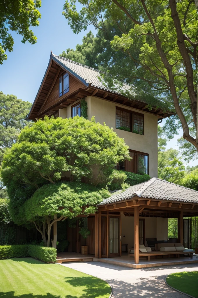 a house with trees and a beautiful garden. 