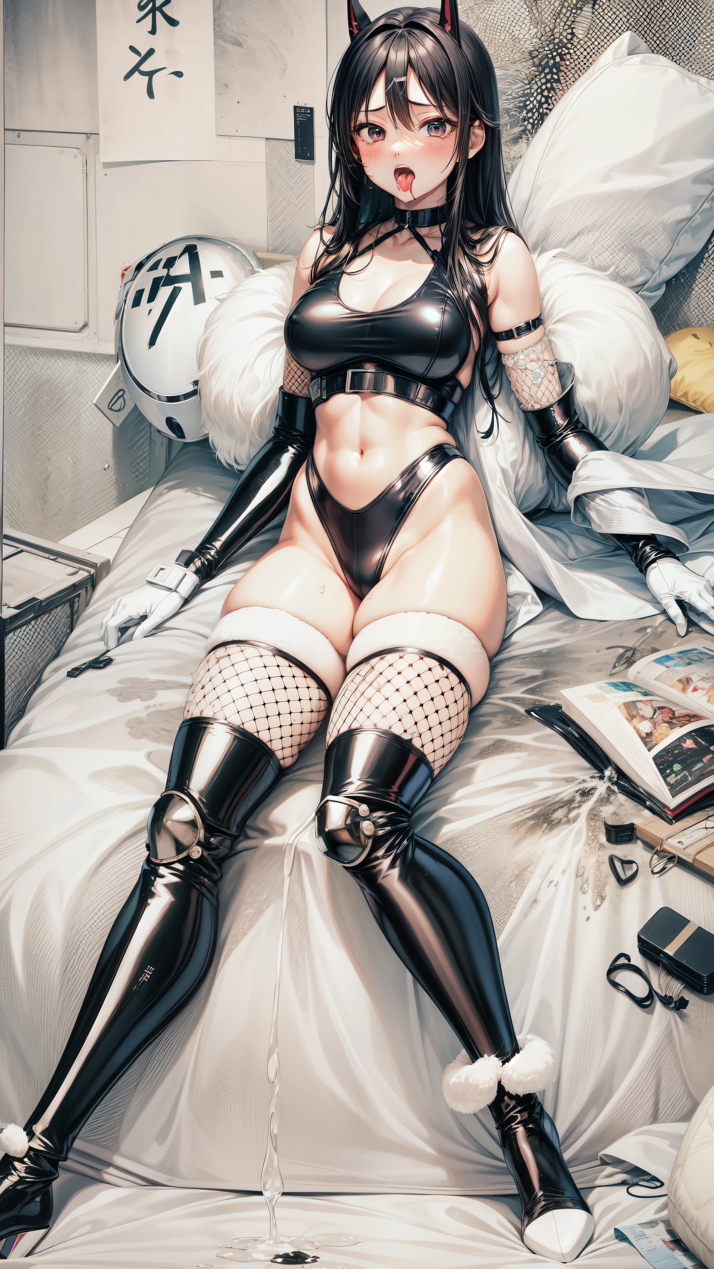 Female Combatant、Japanese girl、Close-up of a girl in a black leotard、Black glossy leotard、Black fishnet stockings、Black shiny boots、Saiyan Girl, wonderful, Nano Girl, Female body type, Inspired by Hiromu Arakawa, Anime Manga Robot!! Anime Girls, Fubuki, Full Body Suit, by Hiromu Arakawa、wonderful, silk, Beautiful and attractive anime , Anime Girls of the future, tears,Drooling,Pee,Sweat,Tongue out,incontinence,Peeing、Estrus、Eyes wide open,Estrus,Blushing,Nipples are erect,Face is hot、Lust、incontinence、Armpit Hair、pubic hair、Nipples are erect、My crotch is wet、Knife in the chest、Blood in chest、Doomsday Demon、Pleading for your life