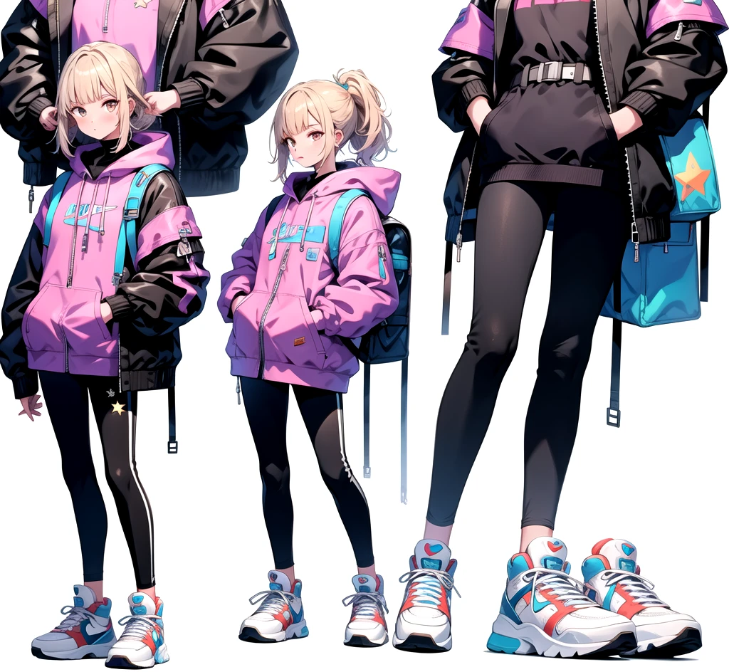 1girl,jacket,bag,ponytail,blonde hair,yellow eyes,backpack,skirt,white background,shoes,looking at viewer,star \(symbol\),long sleeves,hood,multiple views,simple background,shirt,pants,footwear,heart,nike sneakers,full body,belt,patreon logo,sense of design,smartphone,Put hands in pockets,fashion,
masterpiece,high quality,highres,