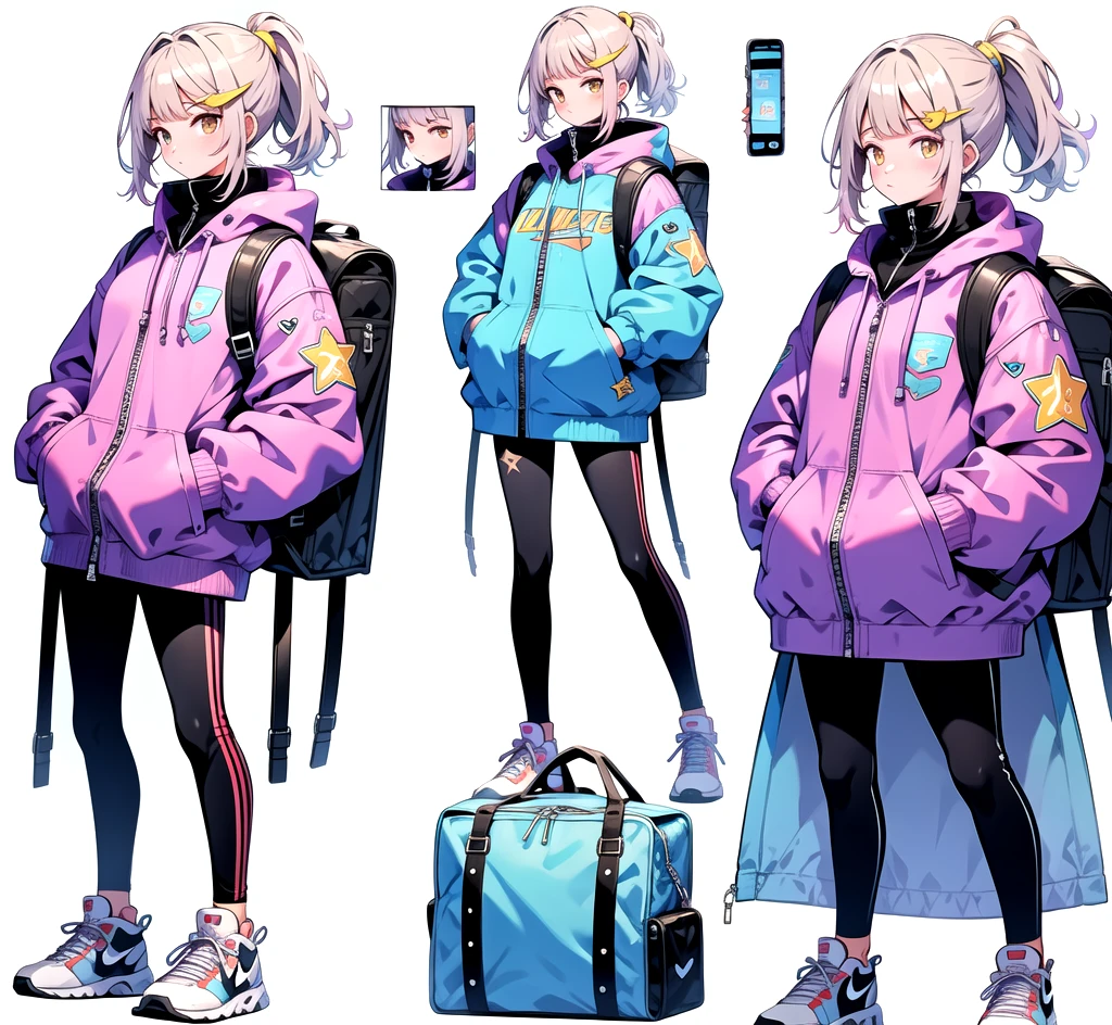 1girl,jacket,bag,ponytail,blonde hair,yellow eyes,backpack,skirt,white background,shoes,looking at viewer,star \(symbol\),long sleeves,hood,multiple views,simple background,shirt,pants,footwear,heart,nike sneakers,full body,belt,patreon logo,sense of design,smartphone,Put hands in pockets,fashion,
masterpiece,high quality,highres,