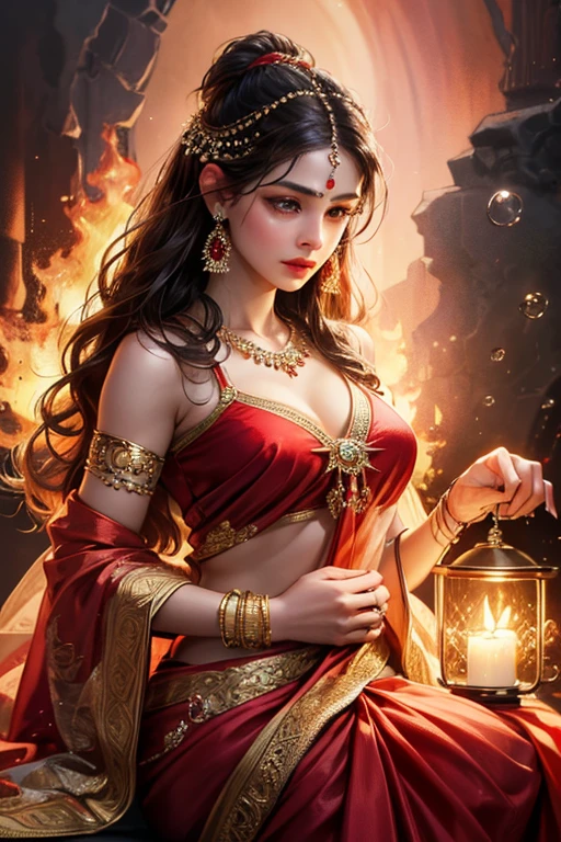 (absurderes, A high resolution, Ultra detailed, hdr), Masterpiece, Best quality, Portrait of a Indian fairy Goddess, extreme realistic very beautiful, animated style, closeup shot, anime in a(((red))) indian dress (((saree))), long black wavy hair untied, head jewellery, necklace, earings, armlets, bangles and bracelets, rings, pleasant expression, bright big red eyes, holding a fire, having the power of element fire, natural beauty, vibrant colors, dreamy, northern light, pink bubble, romantic, soft lighting, vintage aesthetic