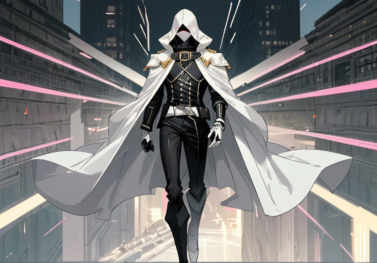 ((best quality)), ((masterpiece)), (detailed), 1 man, torso, 19 years old, masked, white mask covering his entire head, smooth head, mask covering his mouth, large black goggles, black aviation mask, black collar, tall and slender, very thin, long beige trench coat, open trench coat showing his chest, black fingerless gloves, white wristbands, white suit, white chest, luminous pink "I" letter emblem on the chest, letter I, black pants, white knee pads, metallic white shoes, superhero belt, nanotechnology in the air, flying in a building, city background, anime