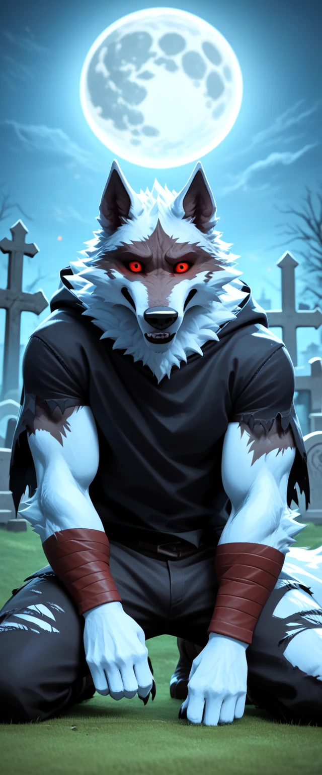 score_9, score_8_up, score_7_up, rating_safe,source_furry,anthro,source_anime 3D, (A scene taken from a Hollywood film where a werewolf with red eyes He's kneeling alone in a cemetery with a full moon and the howling) (and he probably has all his clothes torn up and is just wearing blue underwear) (looking at camera looking sad)