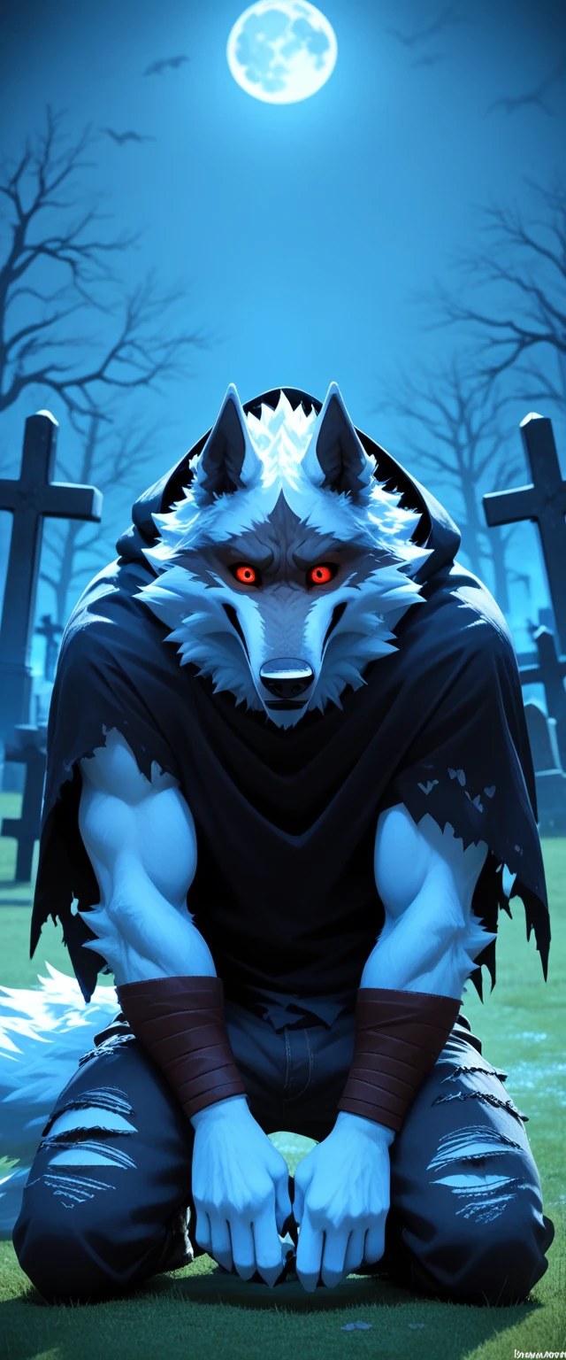 score_9, score_8_up, score_7_up, rating_safe,source_furry,anthro,source_anime 3D, (A scene taken from a Hollywood film where a werewolf with red eyes He's kneeling alone in a cemetery with a full moon and the howling) (and he probably has all his clothes torn up and is just wearing blue underwear) (looking at camera looking sad)