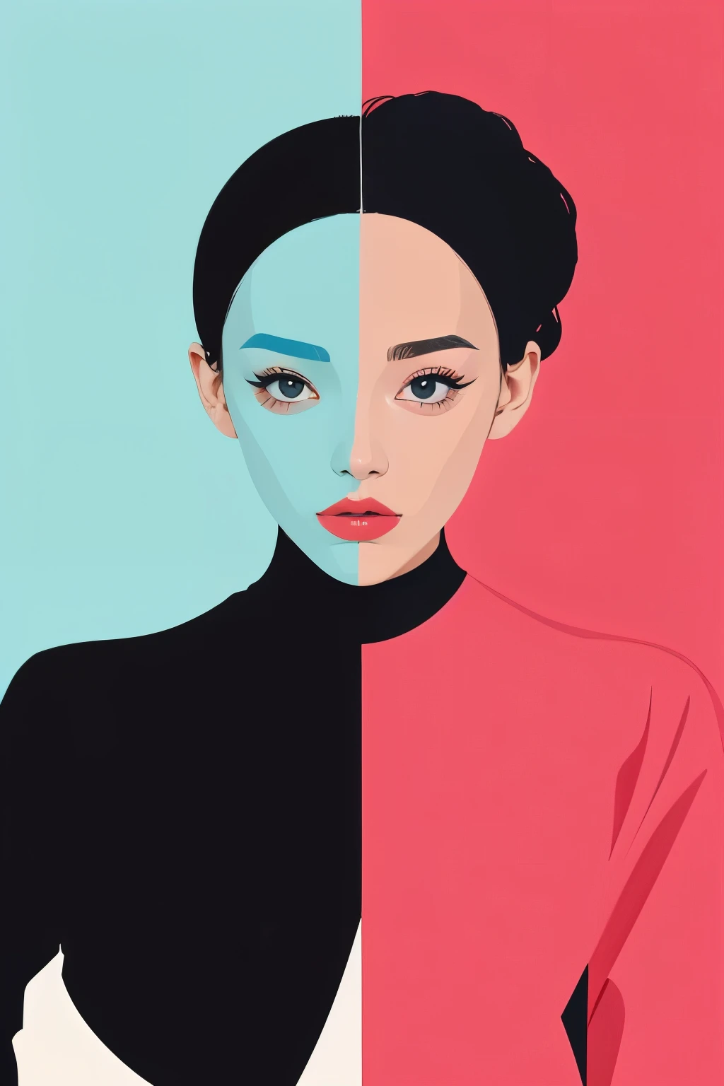 absurd, high quality, very detailed, (1 woman:1.3), cute rest
, color blocking, bold contrast, geometric shapes, Flat color, Minimalist design, Contemporary Aesthetics, striking visual