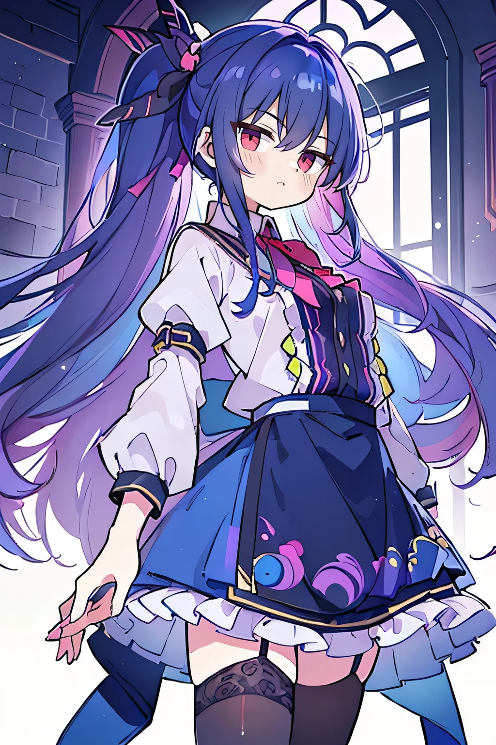 (best quality:1.3), (masterpiece:1.3), (illustration:1.3), (ultra-detailed:1.3), (imid shot:0.9), 1girl, medium breasts, purple eyes, (((dark blue hair))), hair ornaments, young, outfit-gladiia, long hair, dark blue hair, indoors, black shorts, thigh-highs, low ponytail, expressionless, upper body, close up, coat, skirt,