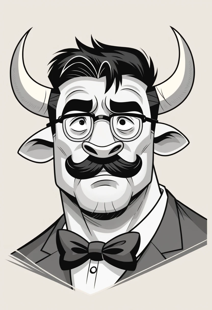 cartoon cow wearing glasses and a coat with a bow tie, cow, bovine, hd illustration, by Steve Prescott, fantastic ，Kids' animal cow Einstein , Einstein characteristics. Think bushy eyebrows, thick mustache, crazy hair, mikecow, by Albert Einstein, black and white vector art, mcbess illustration, mcbess, by Tadeusz Pruszkówski, by Adam Marczyński, official illustration