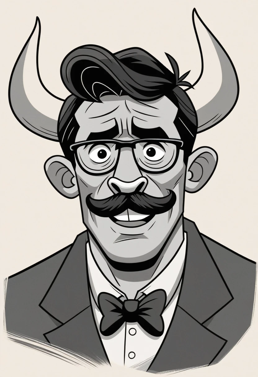 cartoon cow wearing glasses and a coat with a bow tie, cow, bovine, hd illustration, by Steve Prescott, fantastic ,Kids' animal cow Einstein , Einstein characteristics. Think bushy eyebrows, thick mustache, crazy hair, mikecow, by Albert Einstein, black and white vector art, mcbess illustration, mcbess, by Tadeusz Pruszkówski, by Adam Marczyński, official illustration