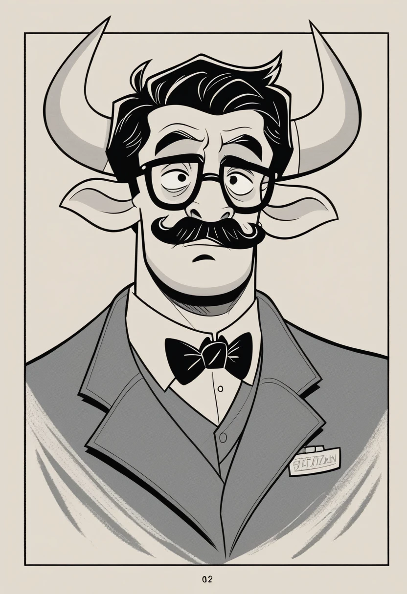cartoon cow wearing glasses and a coat with a bow tie, cow, bovine, hd illustration, by Steve Prescott, fantastic ，Kids' animal cow Einstein , Einstein characteristics. Think bushy eyebrows, thick mustache, crazy hair, mikecow, by Albert Einstein, black and white vector art, mcbess illustration, mcbess, by Tadeusz Pruszkówski, by Adam Marczyński, official illustration