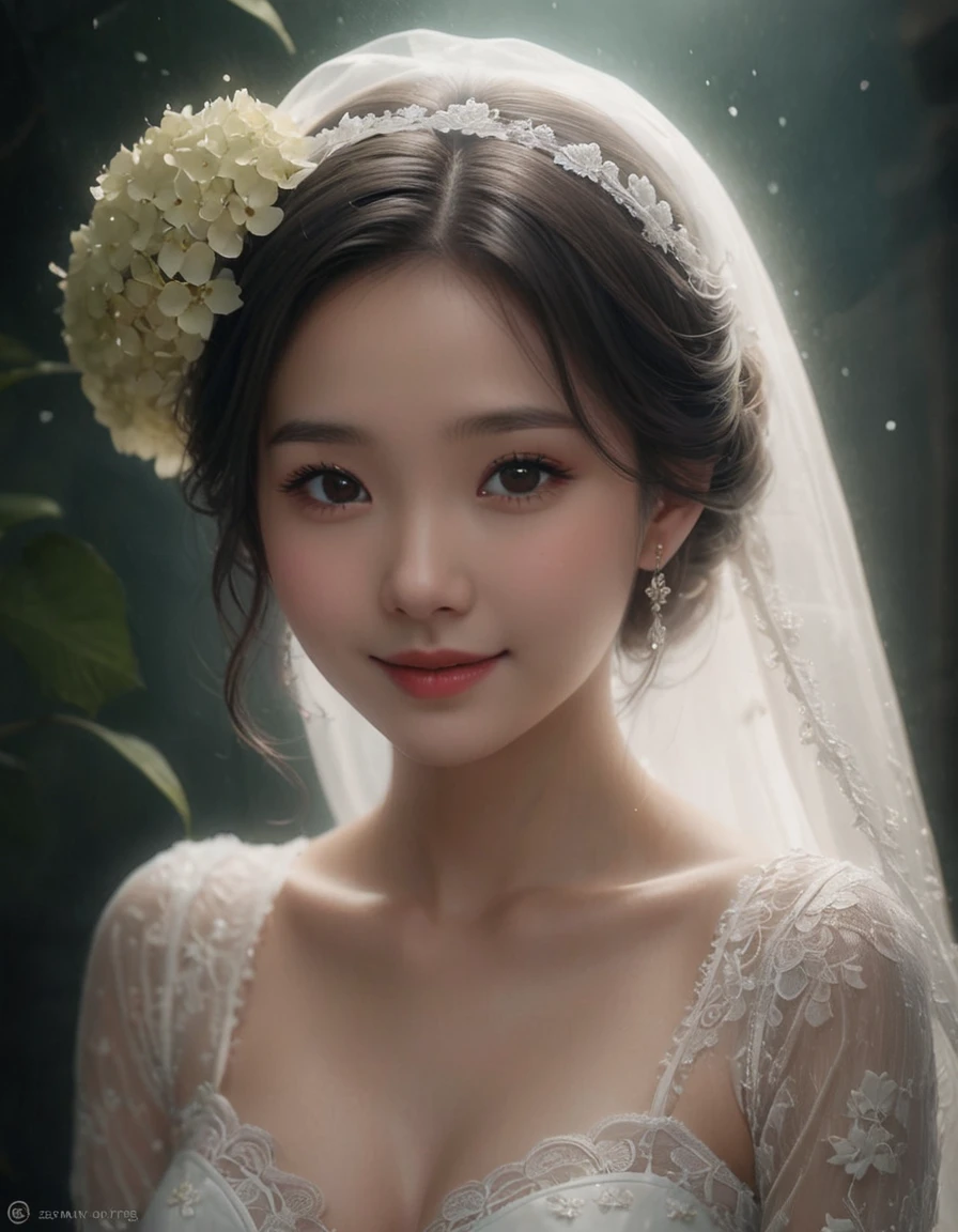from side, close up face, smile, frilly long sleeves, white lace veil, kawaii, The bride is dressed in a white wedding dress, and her cheeks are flushed with happiness. Her profile exudes a quiet beauty, and a vibrant hydrangea flower is added to her ear. The petals of the hydrangea enhance the elegance of the bride, and its color symbolizes her happiness. This scene celebrates pure love, happiness, and a new beginning.