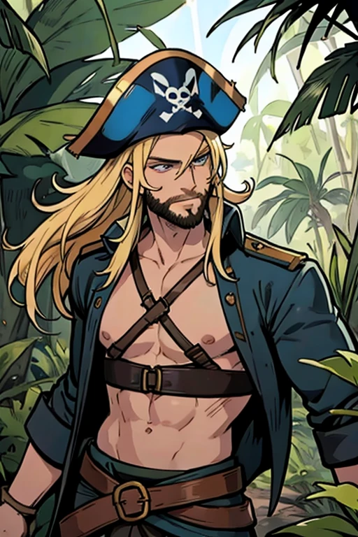 A muscular blonde haired male pirate with blue eyes and long hair and a dark beard in a pirate's outfit is cutting down vegetation in a tropical jungle with a smile