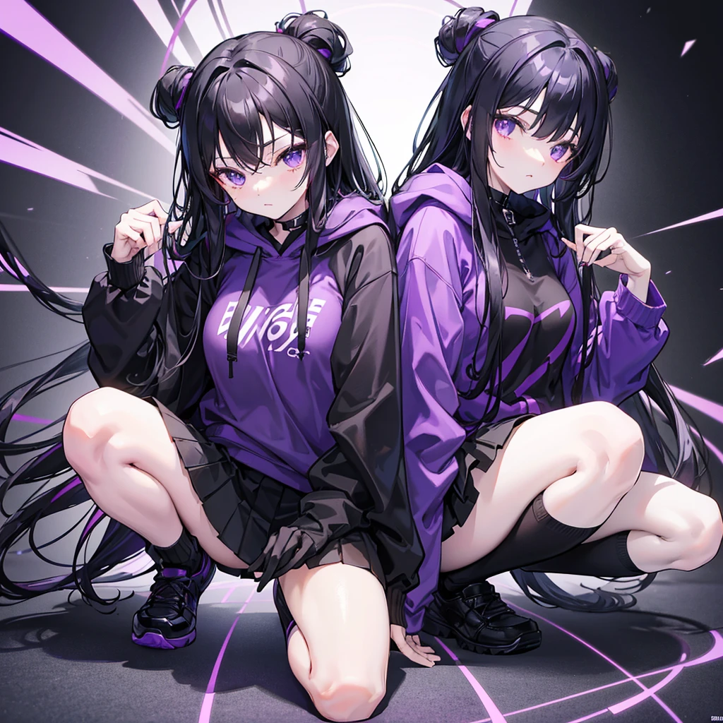 In a purple hoodie、Wearing a black short skirt、Wearing black socks、wearing black shoes。hair is black、Purple eyes。Breasts are K cup。The skin is white and、Long hair。Has one brother and one sister。My sister has an E cup。All in purple hoodies。All hair is black。My brother is wearing black pants.。