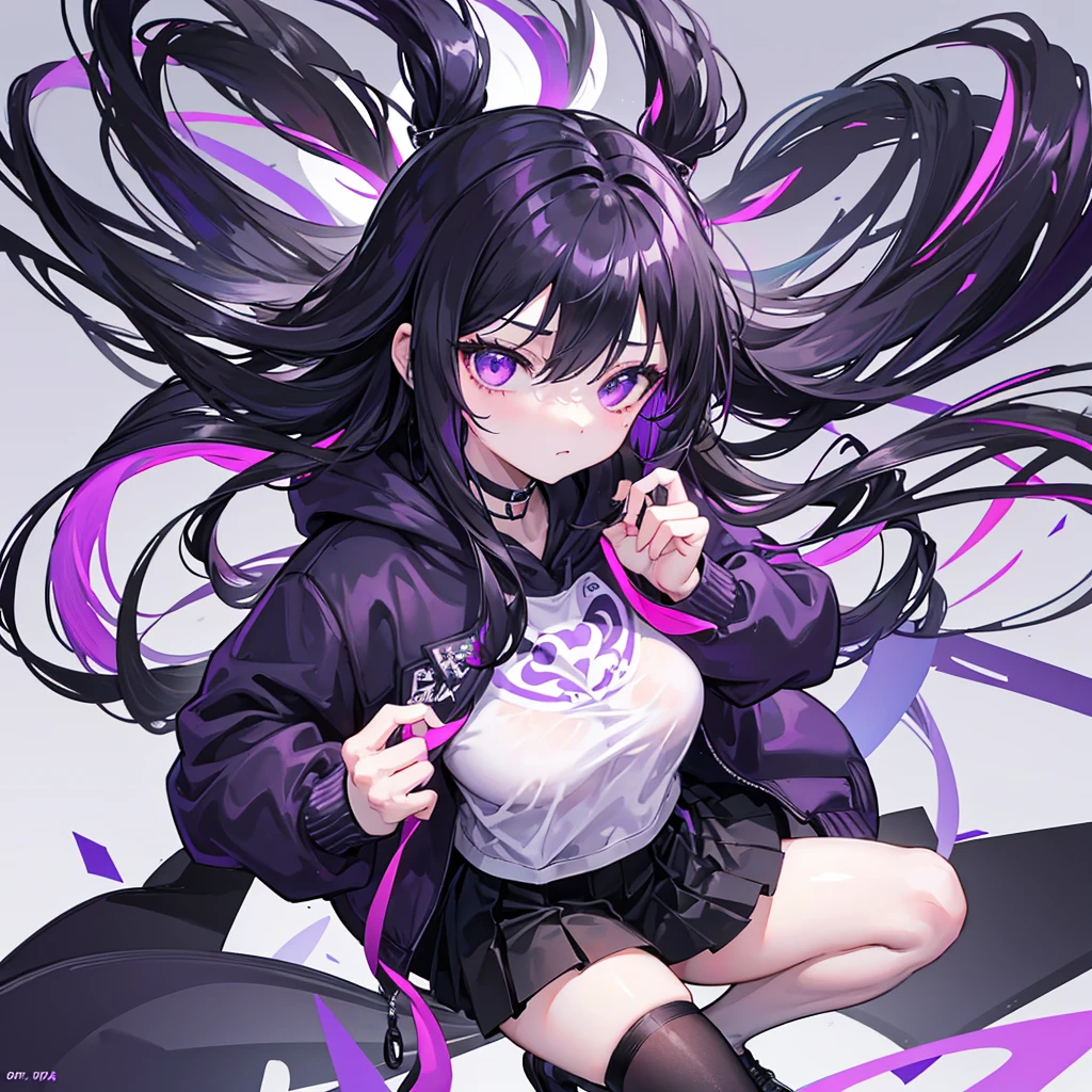 In a purple hoodie、Wearing a black short skirt、Wearing black socks、wearing black shoes。hair is black、Purple eyes。Breasts are K cup。The skin is white and、Long hair。Has one brother and one sister。My sister has an E cup。All in purple hoodies。All hair is black。My brother is wearing black pants.。