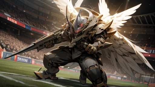 mechanic style, super fine illustration, highly detailed, dynamic angle, beautiful detailed, 8k, At night, in an illuminated fired soccer stadium, the pitch covered in 金属, BREAK a soccer match is taking place. BREAK A robot player, contending with an opponent, attempts a heading with a desperate expression. BREAK The soccer ball is in the air.{masterpiece},{best quality},{best detailed},{coolest},human_no,{Angels and demons are fighting},MECA,best scene,perfect hands,{perfect face},Wings are growing