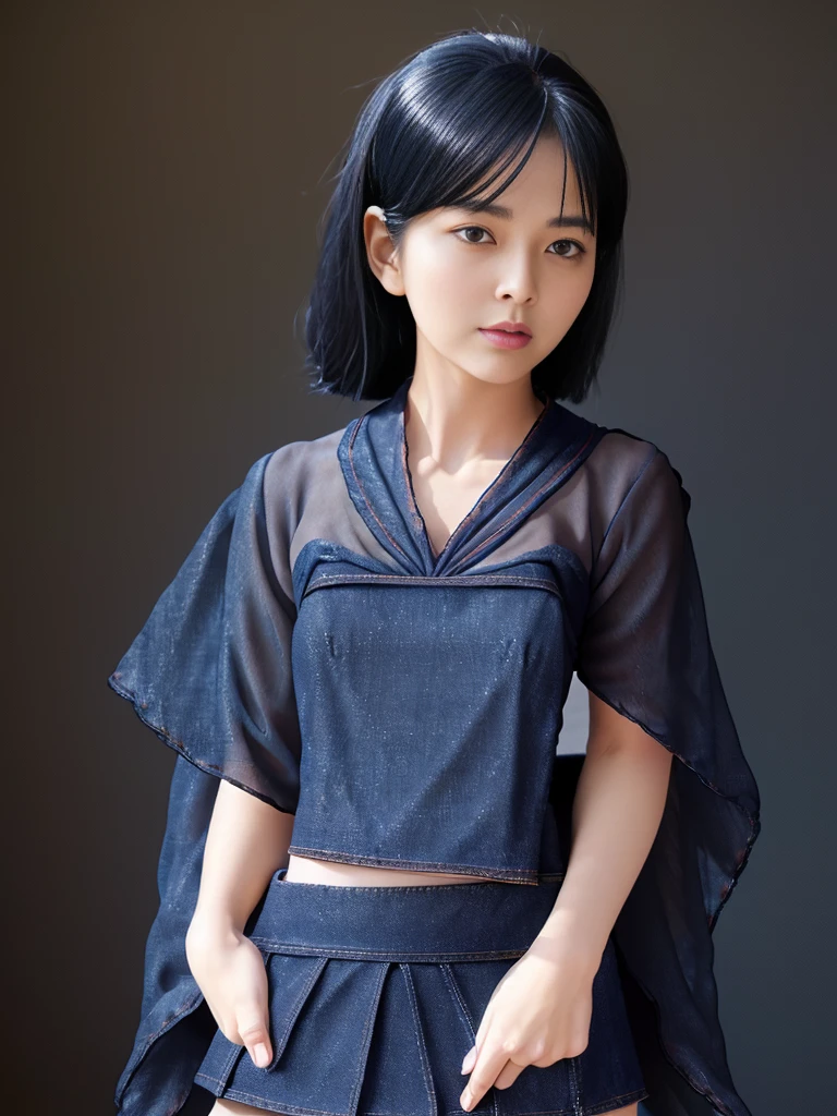 One 18-year-old Japanese woman, (Black chiffon blouse:1.8), (Navy blue denim mini skirt:1.8)、Ultra-high resolution,highest quality, Masterpiece, Super detailed, Realistic, 8k, RAW Photos, A symmetrical, beautiful, cute, and small face、Angelic Girl, Brown Hair, Idol, short hair, Mesh Hair, Glossy lips, Natural Makeup, 日本のIdol, Sophisticated, stylish, Thin and slender body、Hourglass body type、Large, firm, beautiful breasts that don't sag、bare clavicle、Naked shoulders、Deep cleavage、Model pose, A refreshing and bright smile、Big and beautiful eyes, (Downtown at night:1.3), View Viewer,One girl、