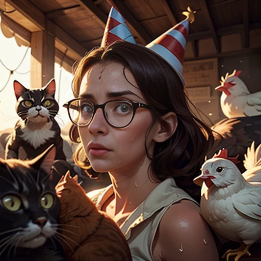 A woman in her mid 30s, crazy cat lady, pale skin, wearing glasses, surrounded by many cats and chickens, party hat, chaotic backyard, held hostage,(sweat dripping from her forehead:1.2), (confused:1.2), intricate details, oil painting, cinematic lighting, highly detailed, dramatic, masterpiece, digital art, lonely balloon