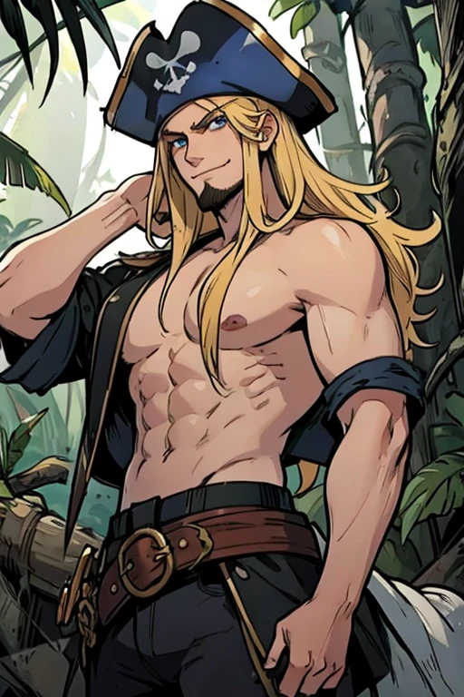 A muscular blonde haired male pirate with blue eyes and long hair and a dark beard in a pirate's outfit is cutting down vegetation in a tropical jungle with a smile
