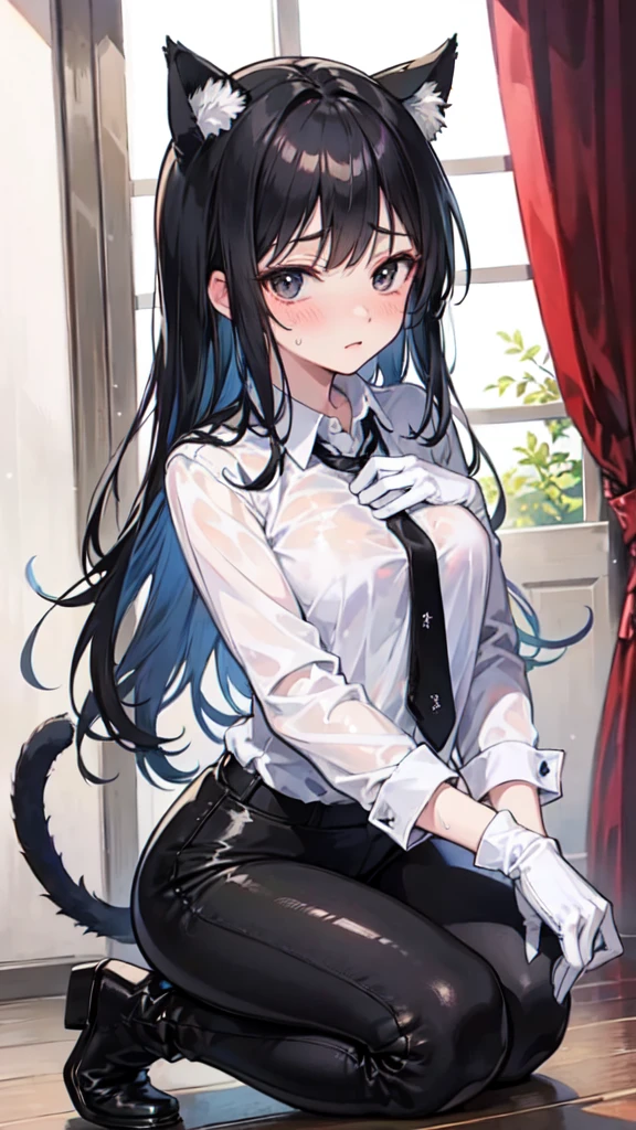 18-year-old Shota,cute,Wear a white long-sleeved shirt and a black work tie,Wear black pants,Wear black booties,Wear white gloves,wear cat ear,Black hair,Black eyes,blush,sweat,shy,Looks very bottom,uncomfortable,porn