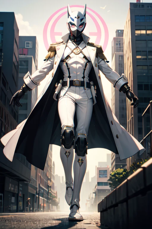 ((best quality)), ((masterpiece)), (detailed), 1 man, torso, 19 years old, masked, white mask covering his entire head, smooth head, mask covering his mouth, large black goggles, black aviation mask, black collar, tall and slender, very thin, long beige trench coat, open trench coat showing his chest, black fingerless gloves, white wristbands, white suit, white chest, luminous pink "I" letter emblem on the chest, letter I, black pants, white knee pads, metallic white shoes, superhero belt, nanotechnology in the air, flying in a building, city background, anime