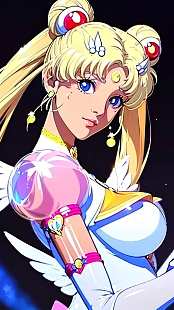 (((Perfect body,White and tender skin,(((Yellow layered skirt Pink puffy sleeves White gloves White boots Wing brooch Red choker Red ribbon Wings Hairpin Red bun cover Golden crescent forehead mark))),(((EternalSM ,Slender and soft golden hair, crystal clear and delicate skin, bright blue big eyes, thin cherry colored lips,,))),((masterpiece)),highres,((Best quality at best)),masterpiece,quality,Best quality,((( Exquisite facial features,Looking at the audience,There is light in the eyes,(((lol,happy))),))),(((Light and shadow,Huge breasts,))),(((Looking at the camera,black background,))))