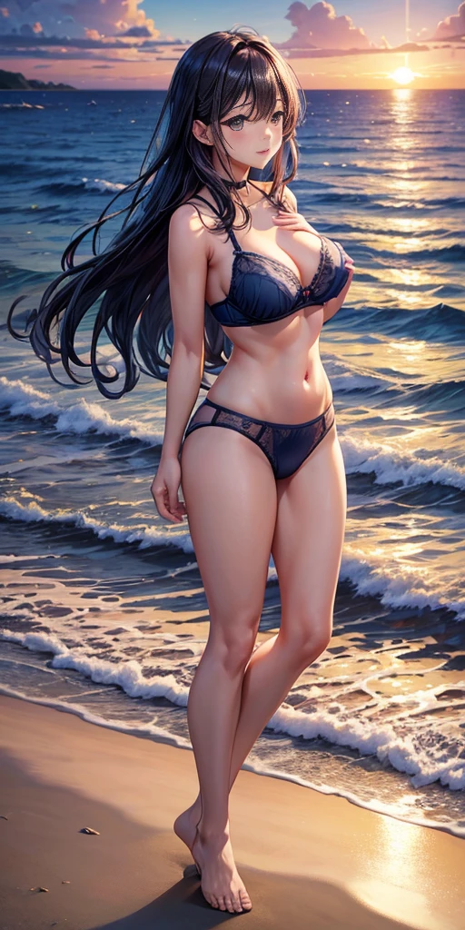 Beautiful sunset and sea view,dusk line,wave,A very beautiful woman,Wear navy blue underwear,Normal-sized breasts,Collect breasts,16K,Reality,whole body特写,whole body